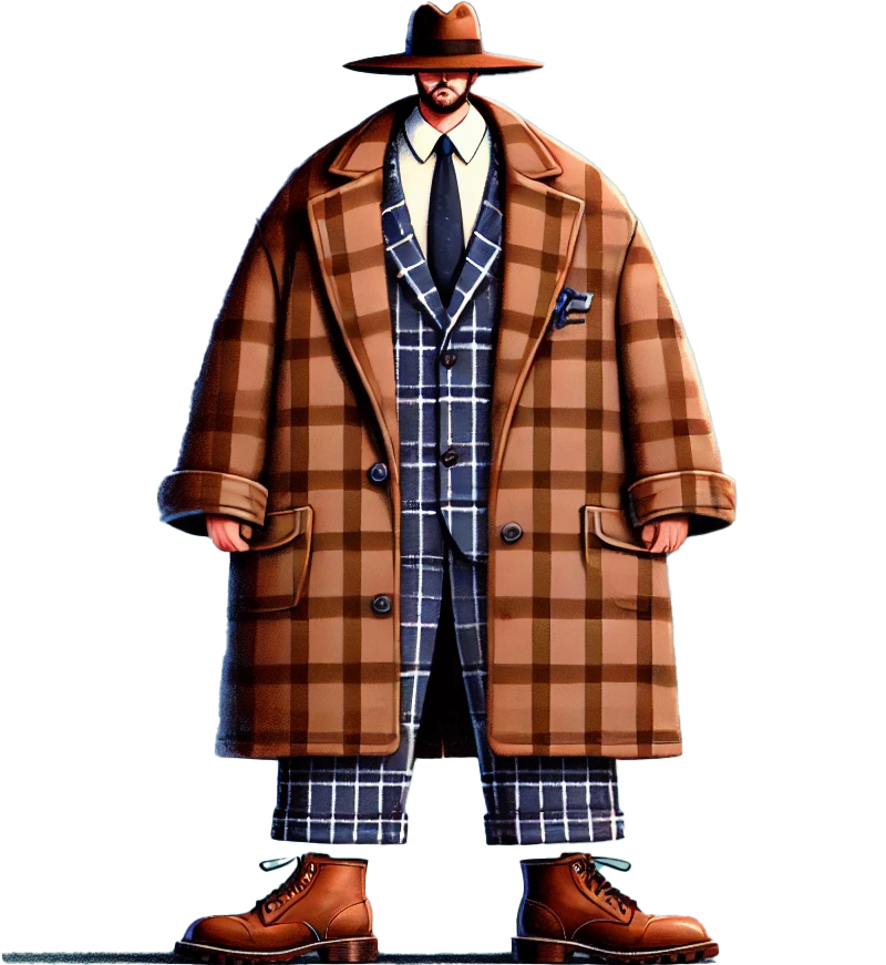 A picture of a man wearing an over-sized apparel. The picture is cut-out in the shape of a dollar sign signifying the hazards of prioritizing cost over fit.